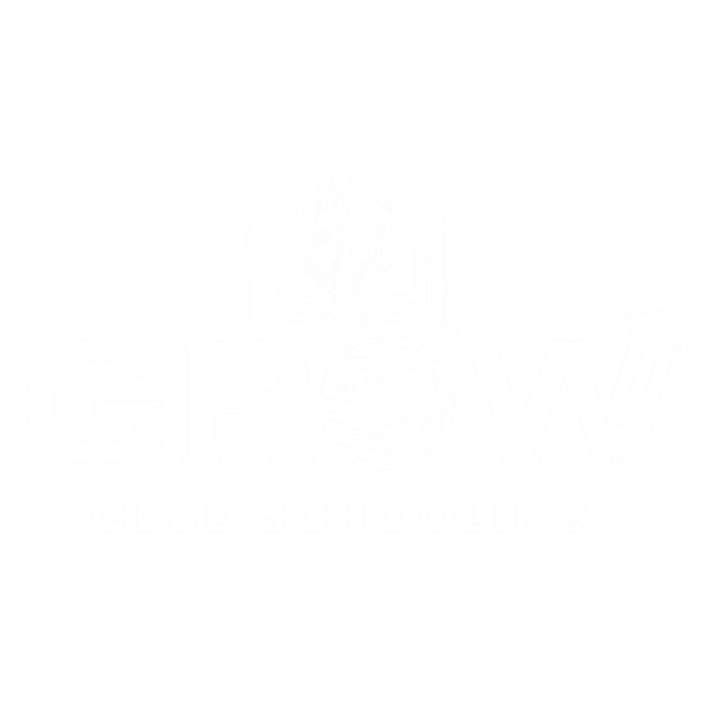 Educational logo reading “GROW CBSE Schooling” featuring an open book, tree, globe, and graduation cap elements integrated into the typography on a light background.