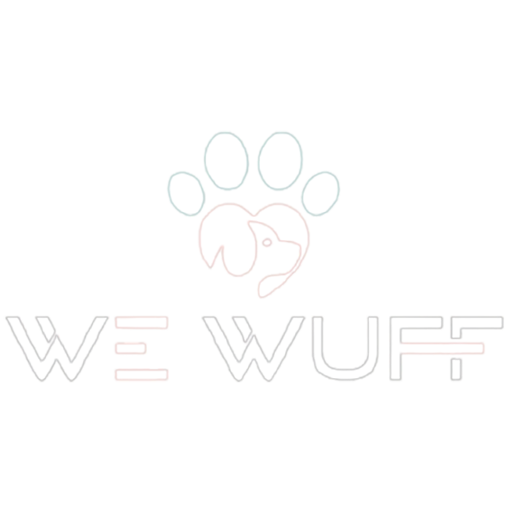 Pet-themed logo reading “WE WUFF” with a paw print and heart-shaped dog silhouette above the text in a soft modern design.